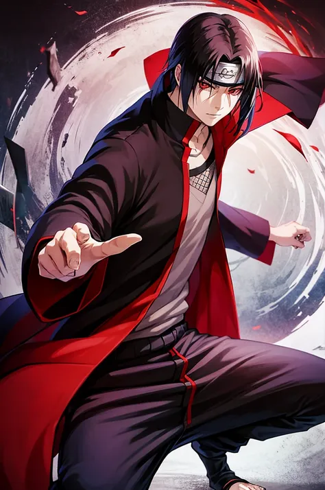 itachi uchiha in a fierce battle with kabuto yakushi, dynamic action pose, underground cave setting, hd anime art.