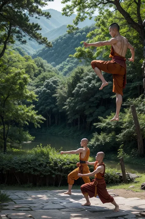 two wushu monks, barefoot, training with glamorous wuxia pose, with a chinese palace and forest in the background