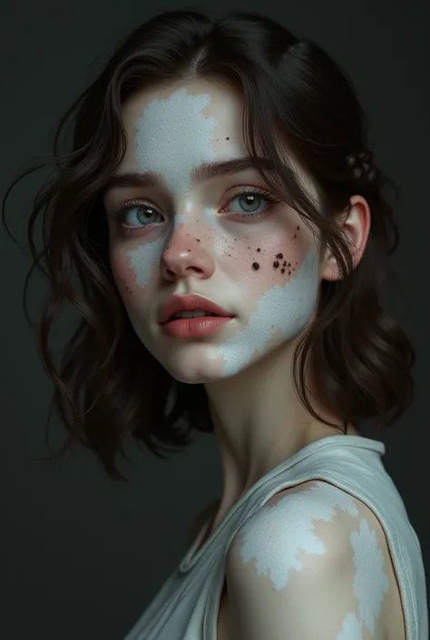 a young adult woman who is a bit of a joker and calm at the same time, with a dark appearance with pale spots of vitiligo running through her body from head to toe, half of her left face separated by a large spot of a pale color from the vitiligo also affe...