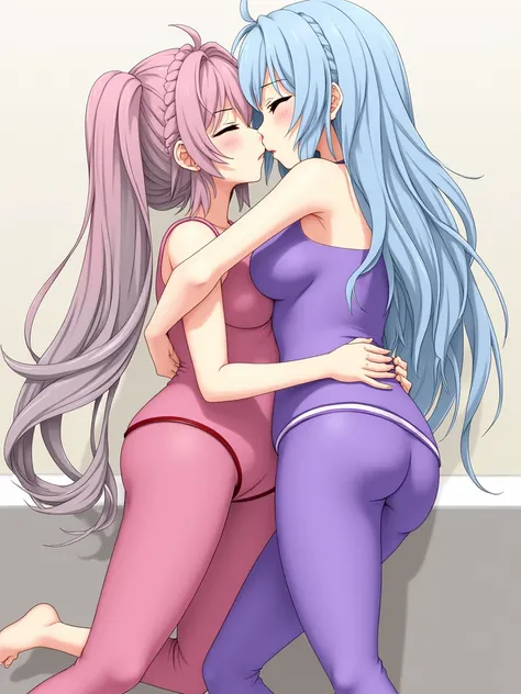 The first anime girl with a pink top and pink leggings, gray hair and grabbing the second girls buttocks, the second girl with light blue hair, a purple top and purple leggings passionately kissing the other