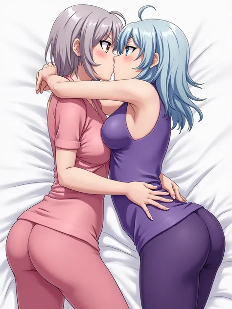 The first anime girl with a pink top and pink leggings, gray hair and grabbing the second girls buttocks, the second girl with light blue hair, a purple top and purple leggings passionately kissing the other