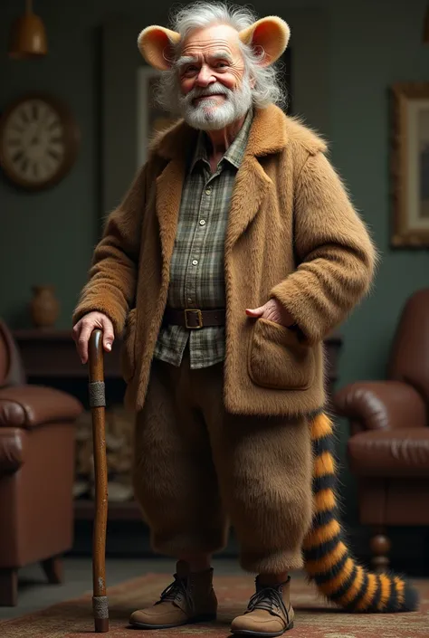 An elderly man with a cane, wearing a coati costume 