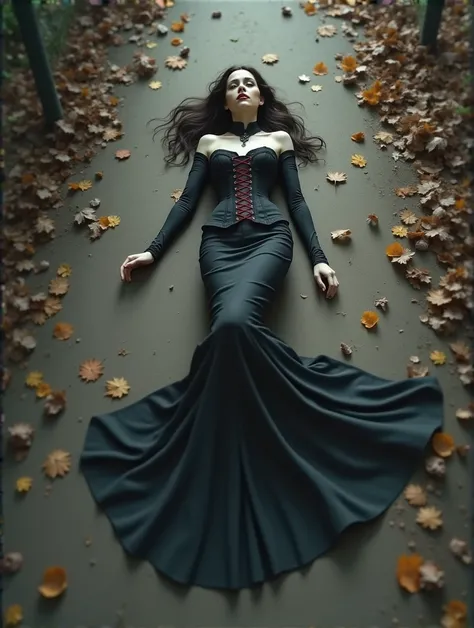 (Photorealism:1.1) woman, brunette, long hair, Long legs, Beauty, dressed in a black long dress, Gothic dress, corset with red lacing, with a long train, high Victorian collar, gray eyes color, The earths background is strewn with autumn leaves, , Lying on...