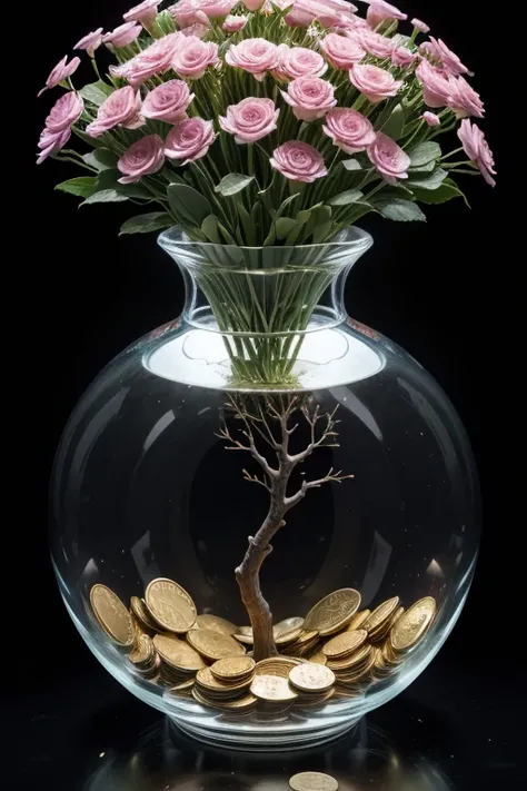 A transparent vase, with coins overflowing the vase, a tree comes out of the pot, and its fruits are money