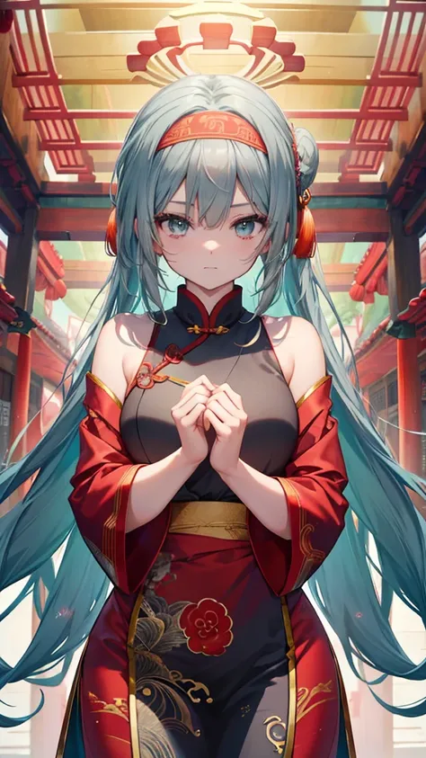 A woman，Turquoise eyes（outstanding），outstanding面部细节，Silver-grey long hair，Red headband，Seductive expression，Seductive moves，Chinese cheongsam，High slit，Rich background context,(Chinese Architecture) Super anime style，4K HD quality，outstanding细节