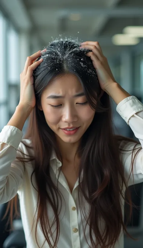 Create an Asian long-haired beauty，Wearing white business attire，Scratching the scalp with both hands，There is a lot of dandruff on the top of the head，White fine dandruff on the top of the head，The expression is unhappy，The characters are realistic and re...