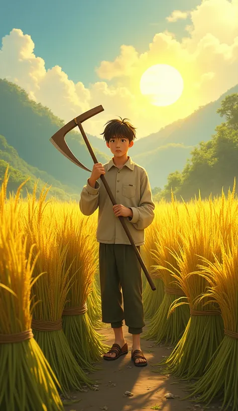 Nam is 20 years old,holding a sickle, carefully cutting the golden ripe rice plants.. Sunshine poured down on the rice field., creating a vibrant scene.. Bundles of rice were already tied by him,, arranged them neatly around him,.