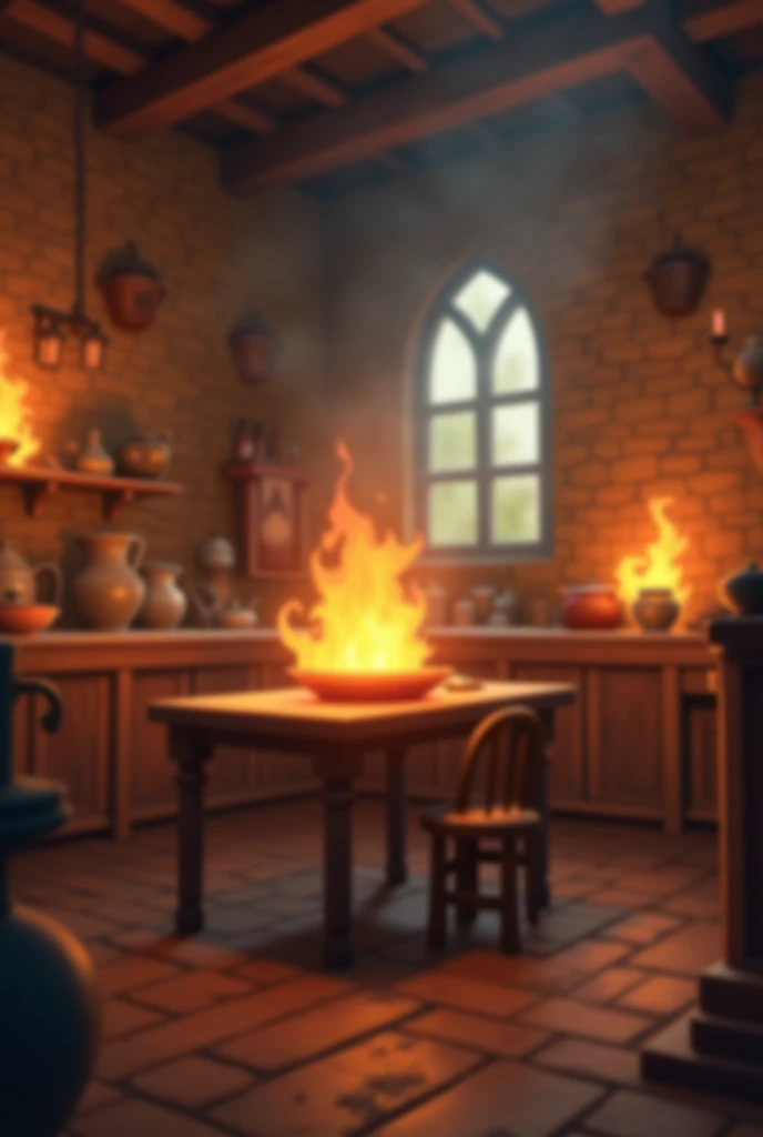 Medieval kitchen with pots catching fire, no people., focus only on the table, with the image a bit blurry , with the clearer image,table with a chair , with a blurry image style, not 3d, cartoon-like


