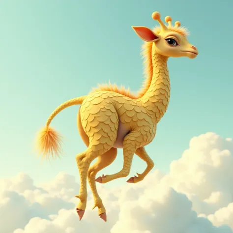 Short-necked giraffe、Has scales on its body、Has a mane、Floating in the sky、The body is yellow.、The torso is extremely long.