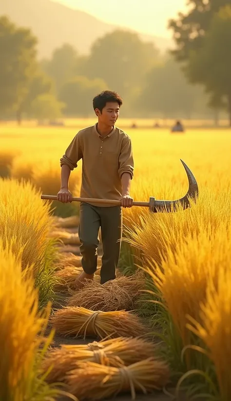 Nam is 20 years old,holding a sickle, carefully cutting the golden ripe rice plants.. Sunshine poured down on the rice field., creating a vibrant scene.. Bundles of rice were already tied by him,, arranged them neatly around him,.3D modeling