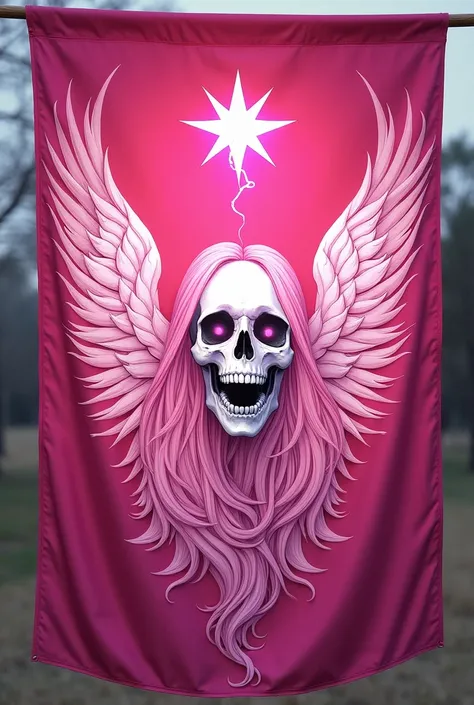 A flag with a pink star, with a light pink haired skull is a wing