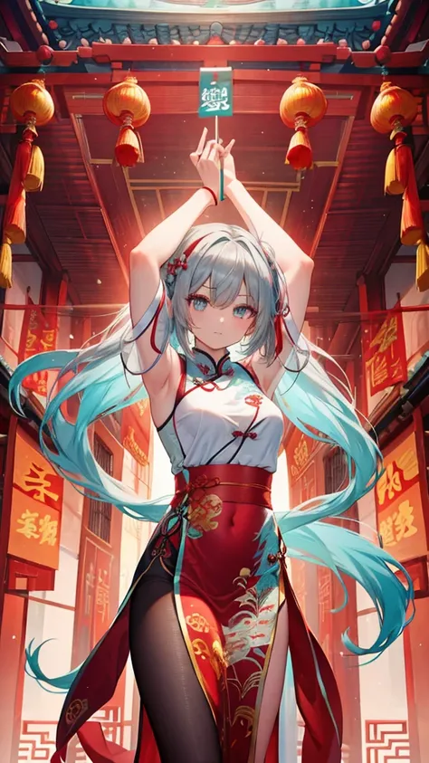 A female breast，Turquoise eyes（outstanding），outstanding面部细节，Silver-grey long hair，Red headband，Seductive expression，Seductive moves，Chinese cheongsam，High slit，Rich background context,(Chinese Architecture) Super anime style，4K HD quality，outstanding细节