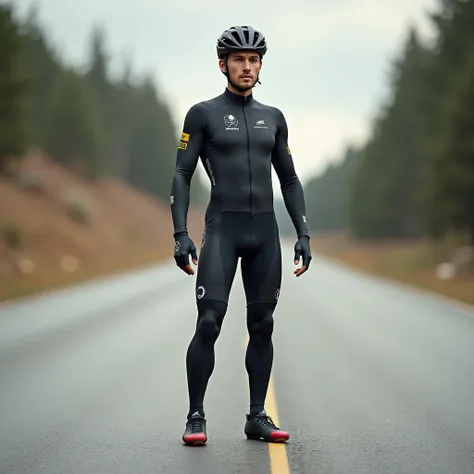 1 male,cyclist,Bodysuits,Are standing,Long tights,Long sleeve,Cycling shoes,Cycling helmet