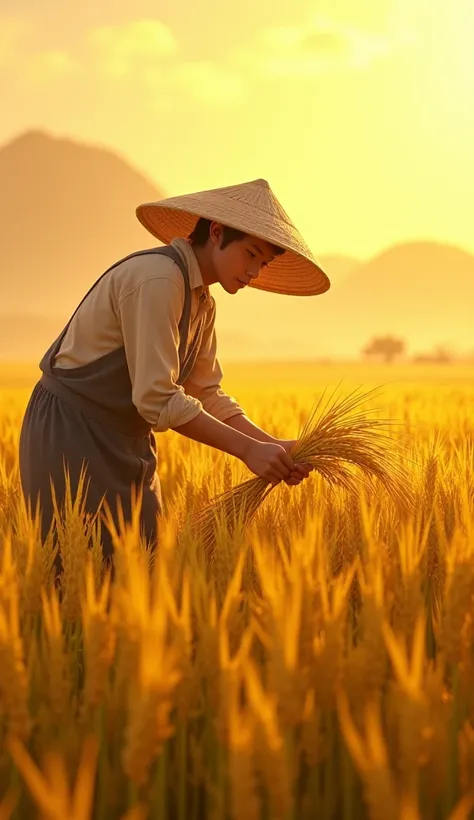 Nam is 20 years old, carefully cutting the golden ripe rice plants.. Sunshine poured down on the rice field., creating a vibrant scene.. Bundles of rice were already tied by him,, arranged them neatly around him,.3D modeling