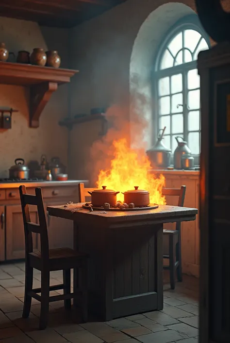 Medieval kitchen with pots catching fire, no people., focus only on the table, with the image a bit blurry , with the clearer image,table with a chair , with a blurry image style, not 3d, cartoon-like, photo closer to the table, with vans and ATM


