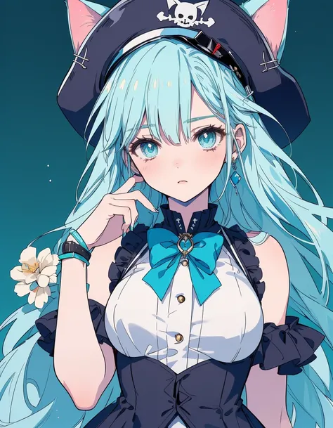 strow hat, pirates dress, black blade, ((masterpiece, best quality:1.5)), ((Beautiful detailed cat aqua eyes:1.2)), cat ears, pale skin, medium breasts, beautiful hands, beautiful fingers, EasyNegative