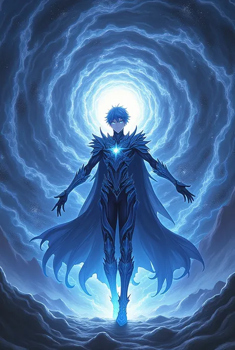 A male anime character with dark powers standing at the center of a spinning cosmic vortex. This being exudes an aura of invincibility, with a majestic and imposing presence that extends across multiple dimensions. Ialdabaoth is adorned in intricate, shimm...