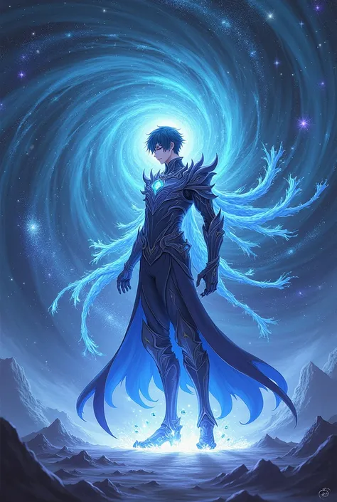 A male anime character with dark powers standing at the center of a spinning cosmic vortex. This being exudes an aura of invincibility, with a majestic and imposing presence that extends across multiple dimensions. Ialdabaoth is adorned in intricate, shimm...