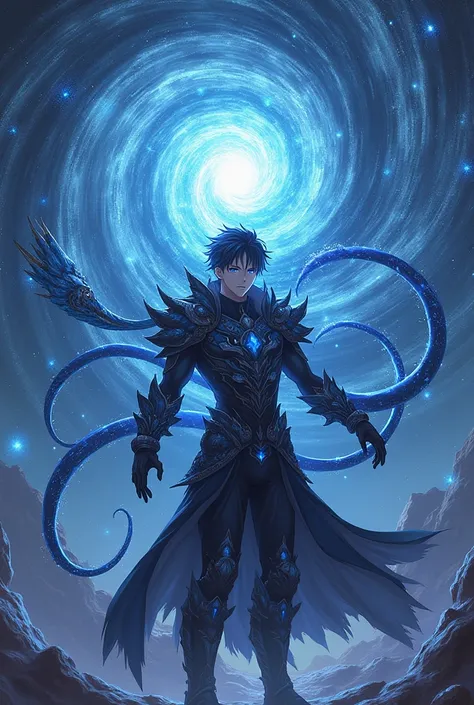 A male anime character with dark powers standing at the center of a spinning cosmic vortex. This being exudes an aura of invincibility, with a majestic and imposing presence that extends across multiple dimensions. Ialdabaoth is adorned in intricate, shimm...