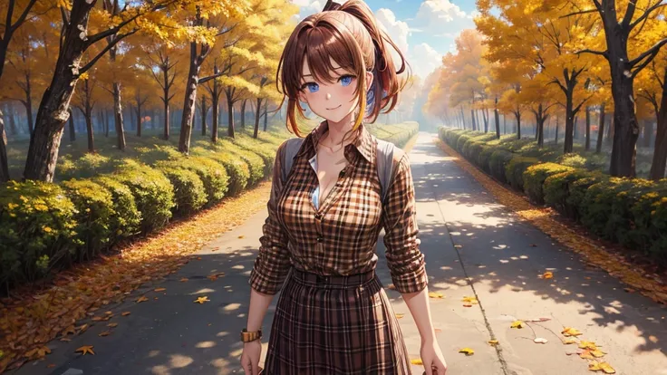 1girl, solo, trees, sun, clouds, autumn, colorful trees, falling leaves, ((colorful hair)), ponytail, large breasts, button down shirt, ((brown checked shirt)), ((unbuttoned shirt)), unbuttoning buttons, cleavage 1:3, blue eyes, long skirt, brown boots, sm...