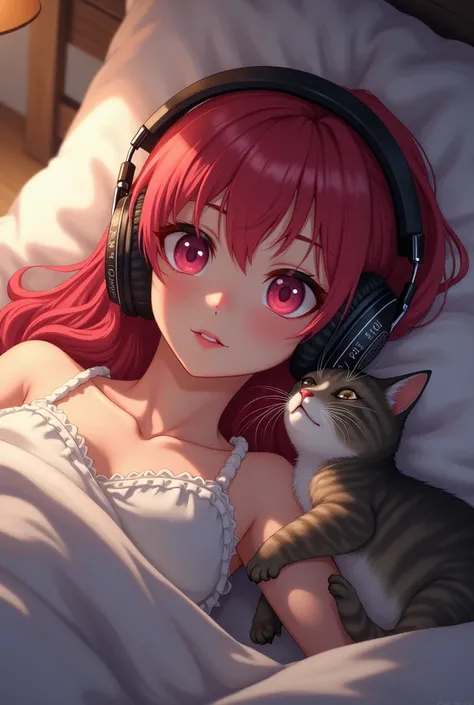 A red-haired adult girl with pink eyes, lying on the bed with headphones and a cat