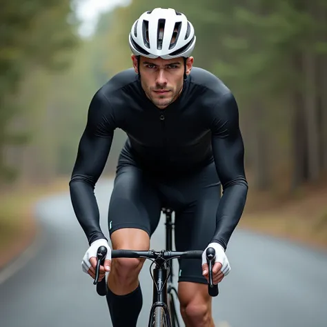 1 male,cyclist,Bodysuits,Are standing,Long tights,Long sleeve,White binding shoes,White cycling helmet,Black socks