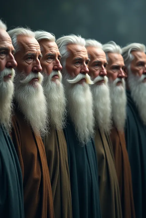 Seven wise old men, side by side, with a mysterious and charming appearance.. He has a white, well-groomed beard, his face is marked by wrinkles that tell stories of a long life full of wisdom. His eyes are clear, as if they held the secrets of the univers...