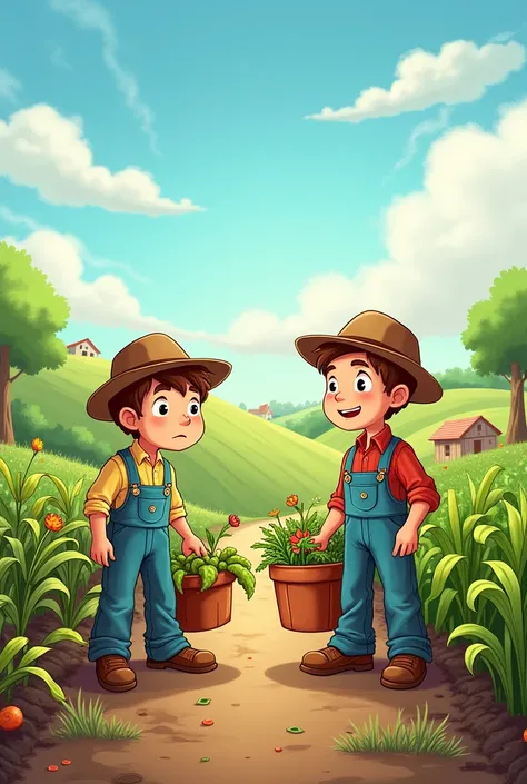 Sad farmer with his sick plants vs. Happy farmer with his healthy plants, drawing for children