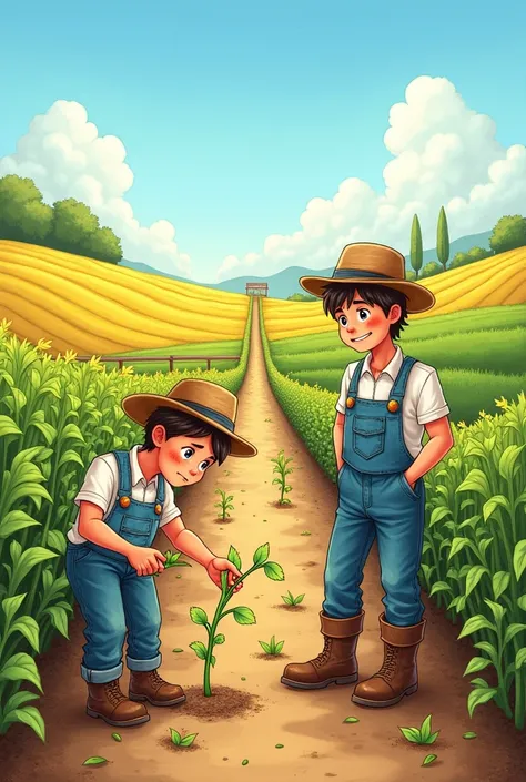 Sad farmer with his sick plants vs. Happy farmer with his healthy plants, drawing for children