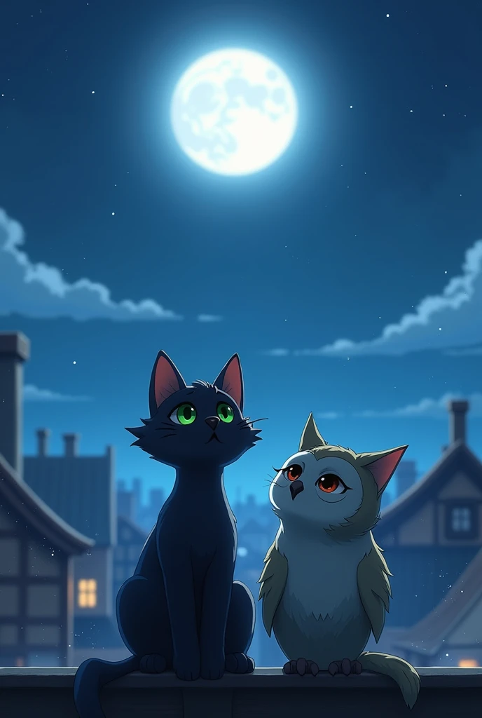 Luna uma gata preta com olhos verdes pelo curto  and Olívia uma coruja  sitting together on a rooftop, gazing up at the full moon. The scene is peaceful and reflective, with the moonlight casting a serene glow over the village rooftops. The stars twinkle b...