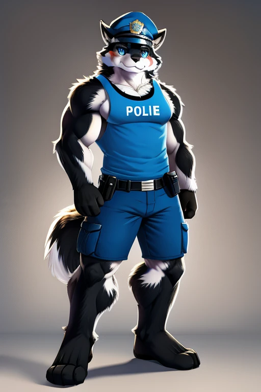 Alaskan Malamute Dog, blue eyes, muscular, Police cap, black sleeveless shirt, shorts negros