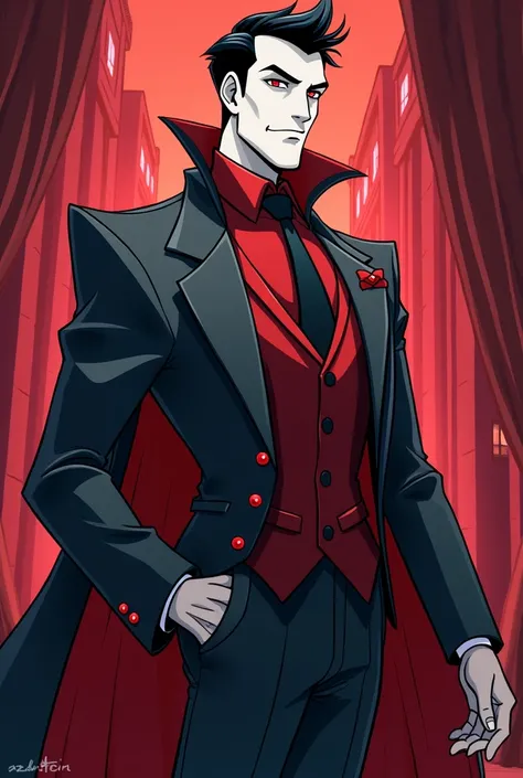 ((Hazbin hotel toon style image)) In Hazbin Hotel, Amadeus has a striking appearance with a crimson and grey outfit, reminiscent of a pianist, complete with leather gloves. His hair is slicked back and dark, his skin is pale as a wall. ((Hazbin Hotel Toon ...