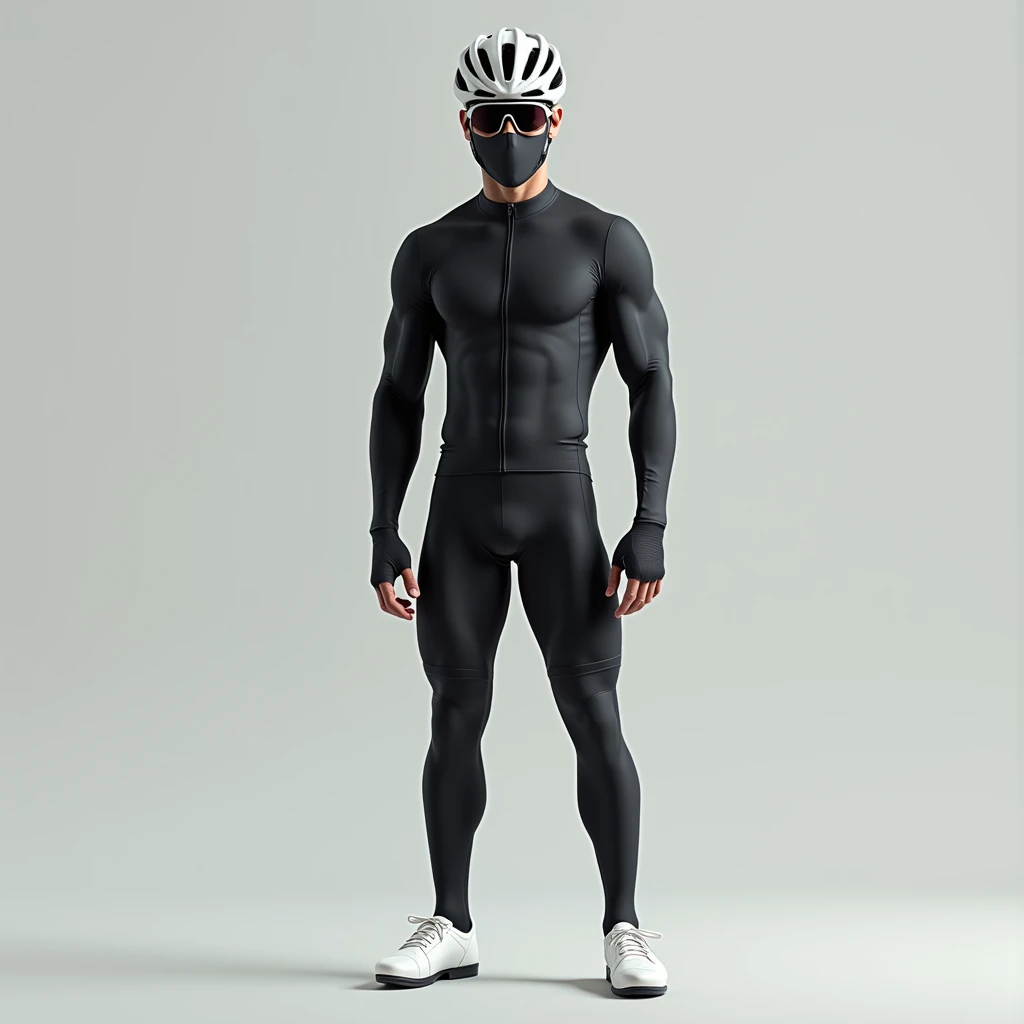 1 male,Muscular,cyclist,Bodysuits,Are standing,Long tights,Long sleeve,White binding shoes,White cycling helmet,Black socks,sunglasses,Face masks