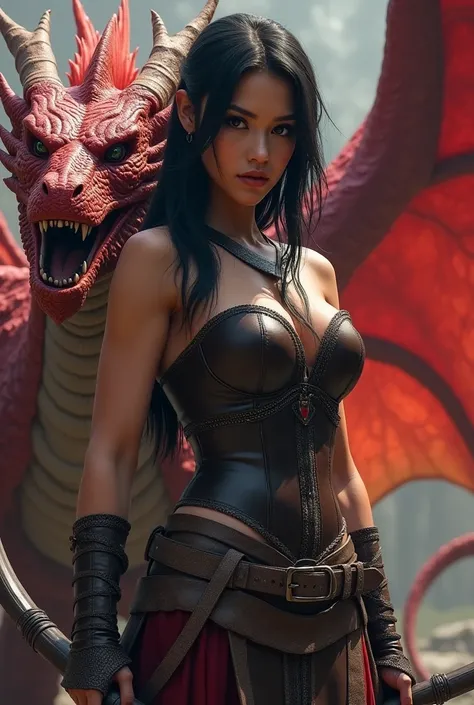 (photorealism:1.2), A pretty woman, Raven haired, black eyes, slightly tanned complexion, medium complexion, wearing a leather corset and a bow, dressed for battle, and behind her a red dragon with two horns