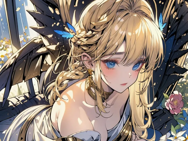 ((best qualityer)), ((work of art)), ((cinematic)), (detailded), blonde Greek princess, wearing an ancient Greek cloak, very detailed butterfly wings, surrounded by flowers, She has a serene look on her face., rosto super detailded, sitting in a garden