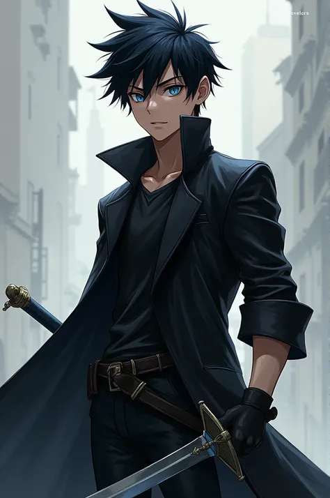 A male teenager with short black spikey hair with blue eyes and a scar across the left eye wearing a black coat standing up  holding a sword 