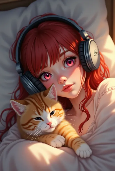 A red-haired adult girl without bangs with pink eyes, lying on the bed with headphones and a cat