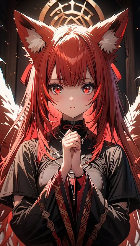 1girl,(Long fiery red hair),(Foxs call to prayer),(fox tail),(red eyes),(black clothes),(tight skirt),(expressionless face),(masterpiece:1.5), (8k details:1.3), (unlimited details:1.2), (best eyes:1.4), (ultra clothes details:1.3), (highly detailed backgro...