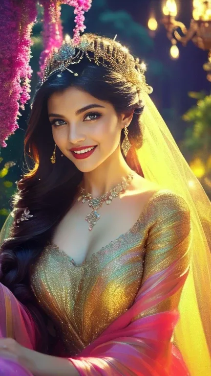 (a beautiful woman in a stunning gown of flowing silk with a radiant smile and captivating eyes),vibrant colors,highres,ultra-detailed,sharp focus,soft lighting,realistic,fantasy-inspired,portraits,subtle color palette,ethereal glow,fairytale,graceful,past...