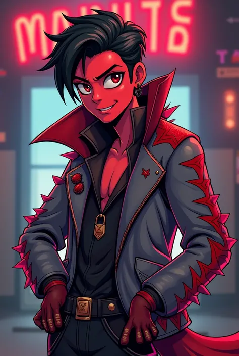 (Hazbin hotel toon style) In Hazbin Hotel, Amadeus has a striking appearance with a crimson and grey outfit, reminiscent of a rockstar from the 80s, complete with leather gloves and a stylish fox-themed jacket. His hair is slicked back and dark, Amadeus sk...