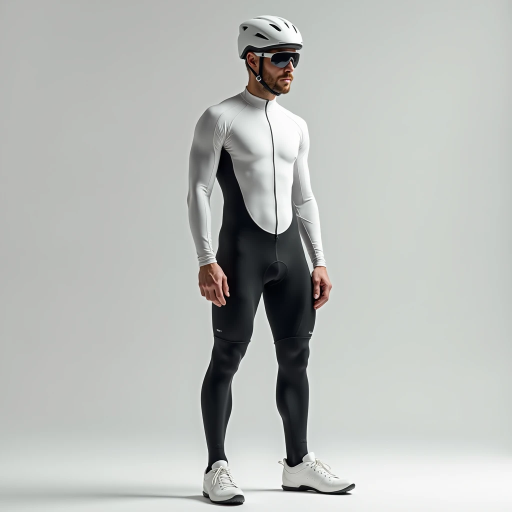 1 male,cyclist,Bodysuits,Are standing,Long tights,Long sleeve,White binding shoes,White cycling helmet,Black socks,Cycling sunglasses,No nipples