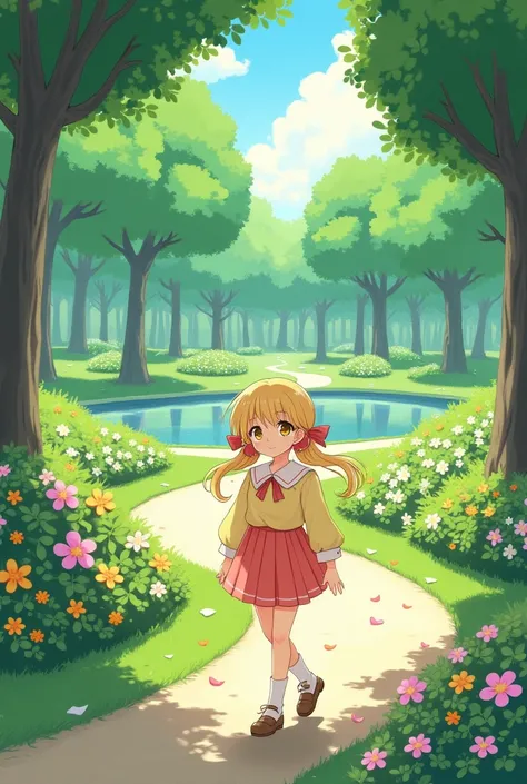 Create an image of a blonde anime girl walking in a park