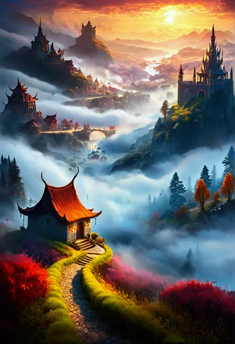 Mysterious Fog, Fantasy painting art style, imaginative, dynamic composition, professional-grade execution, creates immersive world and landscape, painterly, epic, magical, (best quality, masterpiece, photorealistic), very aesthetic, perfect composition, i...