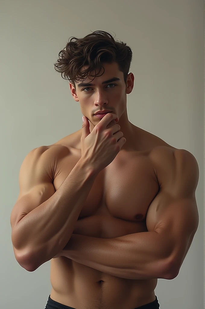 A muscular young man scratching his head