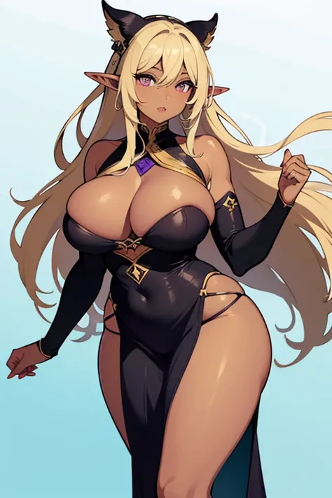 I would like an image of a black elf woman, Madura, voluptuous and curvy, with blonde hair and brown eyes. Wearing a nearly transparent purple dress in anime style.