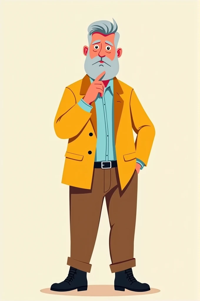 A 40 to 45 year old man with a small beard sensible qand smart looking wearing a yellow blazer ,brown pants ,light blue inner and black boot make simple and cartoon type pic