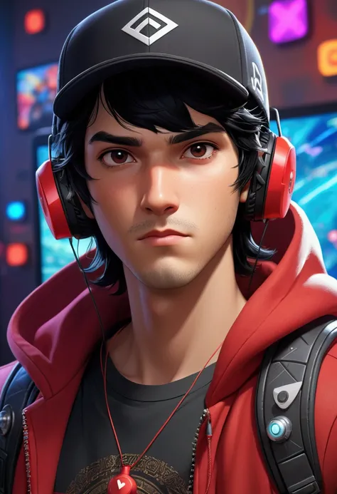 Guy with a cap, black hair and a gaming vibe 