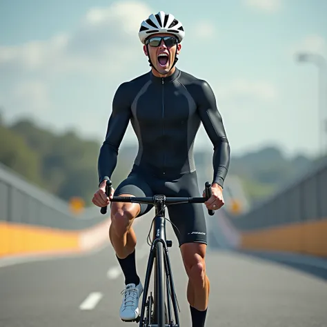 1 male,cyclist,Bodysuits,Are standing,Long tights,Long sleeve,White binding shoes,White cycling helmet,Black socks,Cycling sunglasses,No nipples,Excited