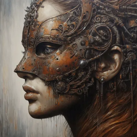 Painting of a woman with a steam mask and hair, Portrait of a mechanical girl, Karol behind uhd, Portrait of a metallic face, portrait of a cyborg queen, Detailed portrait of a cyborg, Complicated oil painting artwork, Ray Swanland, Steampunk art, Fantasti...