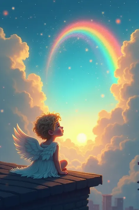 seraphim, a small and dreamy looking, is sitting on a rooftop of a big city, Looking at the sky. in the sky, there is a magical bridge made of rainbows and stars, that starts on the roof and extends to the clouds